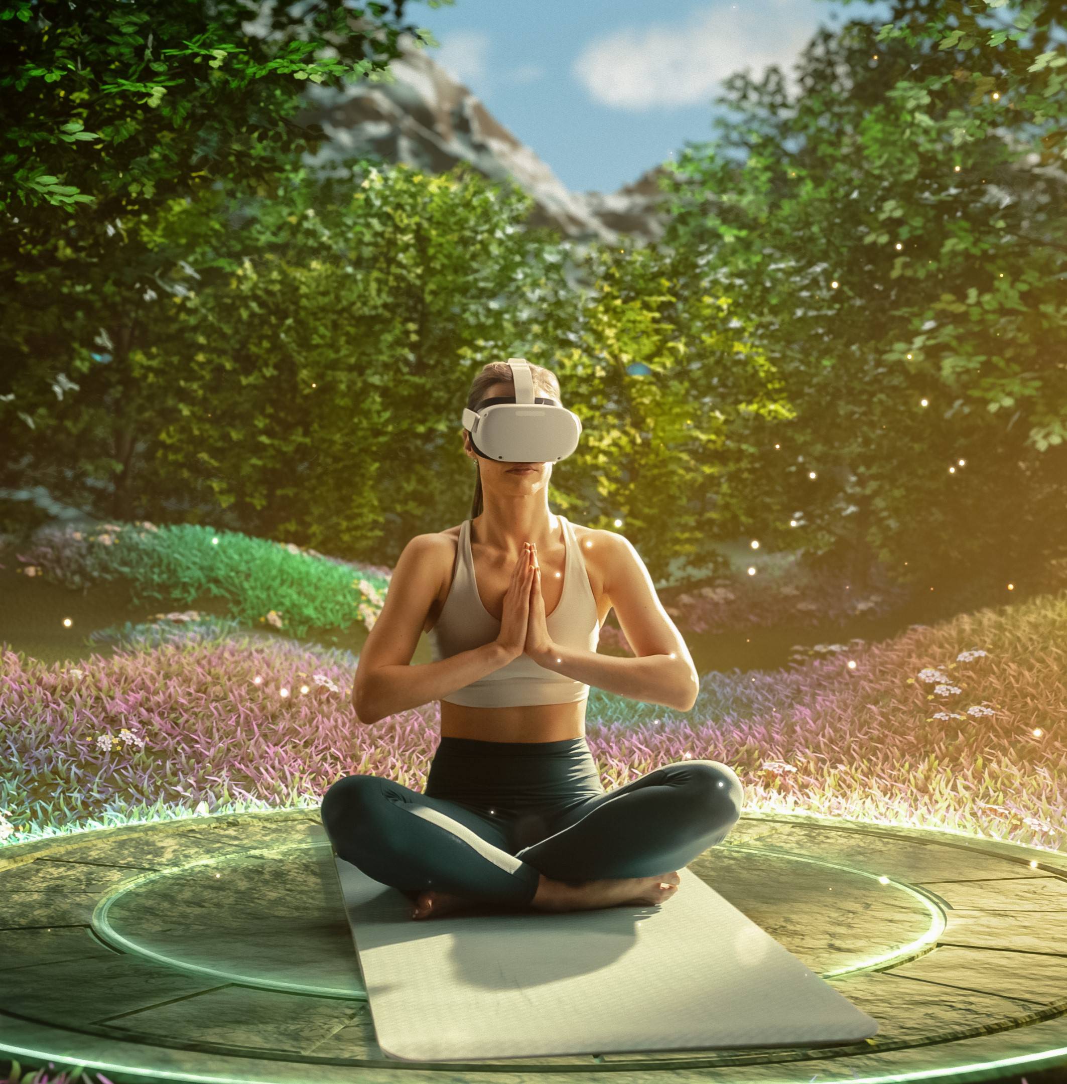 Frau mit VR Brille beim Meditieren